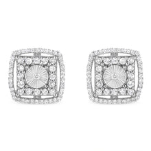 Load image into Gallery viewer, .925 Sterling Silver 1.0 Cttw Round Diamond Double Halo and Disc Stud Earring (I-J Color, I2-I3 Clarity)
