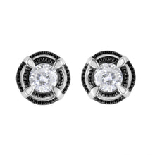 Load image into Gallery viewer, Black Rhodium Plated .925 Sterling Silver Round 1-1/2 cttw Diamond Double Halo 4-Prong Solitaire Milgrain Stud Earrings (H-I Color, I2-I3 Clarity)
