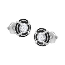 Load image into Gallery viewer, Black Rhodium Plated .925 Sterling Silver Round 1-1/2 cttw Diamond Double Halo 4-Prong Solitaire Milgrain Stud Earrings (H-I Color, I2-I3 Clarity)
