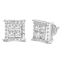 Load image into Gallery viewer, 14K White Gold 2.00 Cttw Invisible Set Princess-Cut Lab Grown Diamond Wavy Quad Stud Earrings
