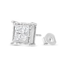 Load image into Gallery viewer, 14K White Gold 2.00 Cttw Invisible Set Princess-Cut Lab Grown Diamond Wavy Quad Stud Earrings
