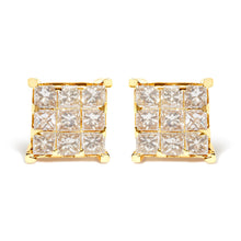 Load image into Gallery viewer, 14K Yellow Gold 1 1/2 Cttw Invisible Set Princess-Cut Diamond 9 Stone Square Stud Earrings (J-K Color, SI2-I1 Clarity)
