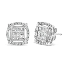 Load image into Gallery viewer, Sterling Silver 1 Cttw Princess Cut Diamond Square Halo Stud Earrings
