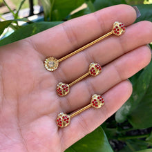 Load image into Gallery viewer, 14G 9/16 Clear Red Gem Gold Tone Ladybug Barbell Nipple Ring Set

