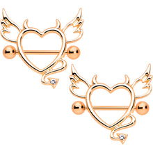 Load image into Gallery viewer, 14G 9/16 Clear Gem Rose Gold Tone Devil Heart Nipple Shield Set
