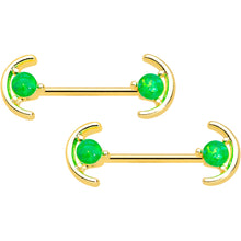 Load image into Gallery viewer, 14G 9/16 Green Faux Opal Gold Tone Curve Barbell Nipple Ring Set
