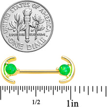 Load image into Gallery viewer, 14G 9/16 Green Faux Opal Gold Tone Curve Barbell Nipple Ring Set
