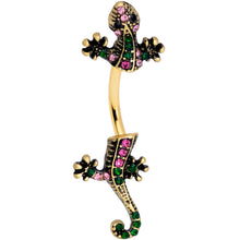 Load image into Gallery viewer, Pink Green Gem Gold Tone Lizard Double Mount Belly Ring
