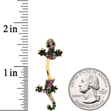 Load image into Gallery viewer, Pink Green Gem Gold Tone Lizard Double Mount Belly Ring
