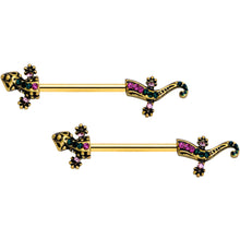 Load image into Gallery viewer, 14G 5/8 Pink Aqua Gem Gold Tone Lizard Barbell Nipple Ring Set
