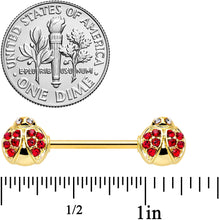 Load image into Gallery viewer, 14G 9/16 Clear Red Gem Gold Tone Ladybug Barbell Nipple Ring Set
