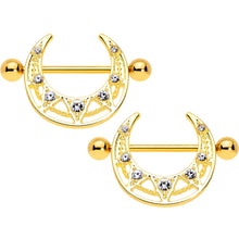 Load image into Gallery viewer, 14G 5/8 Clear Gem Gold Tone Open Crescent Nipple Shield Set
