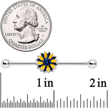 Load image into Gallery viewer, 14G Blue Faux Druzy Yellow Sunflower Industrial Barbell 38mm

