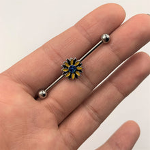 Load image into Gallery viewer, 14G Blue Faux Druzy Yellow Sunflower Industrial Barbell 38mm
