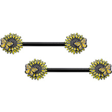 Load image into Gallery viewer, 14G 5/8 Black Sunflower Butterfly Barbell Nipple Ring Set
