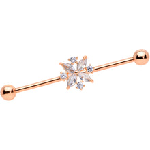 Load image into Gallery viewer, 14G Clear CZ Gem Rose Gold Tone Star Burst Industrial Barbell 38mm
