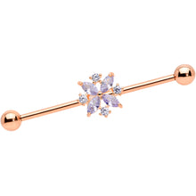 Load image into Gallery viewer, 14G Purple CZ Gem Rose Gold Tone Star Burst Industrial Barbell 38mm
