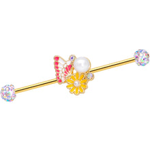 Load image into Gallery viewer, 14G Aurora Gem Gold Tone Butterfly Flower Industrial Barbell 38mm
