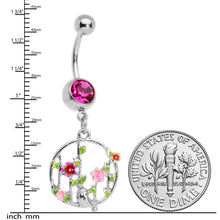 Load image into Gallery viewer, Pink Gem Floral Circle Dangle Belly Ring
