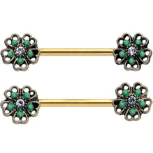 Load image into Gallery viewer, 14G 9/16 Gold Tone Green Flower St Patricks Day Nipple Ring Set

