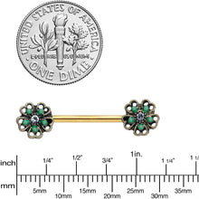 Load image into Gallery viewer, 14G 9/16 Gold Tone Green Flower St Patricks Day Nipple Ring Set

