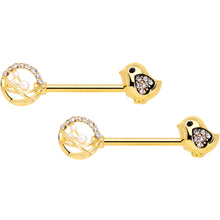 Load image into Gallery viewer, 14G 9/16 Clear Gem Gold Tone Basket Chick Nipple Ring Set
