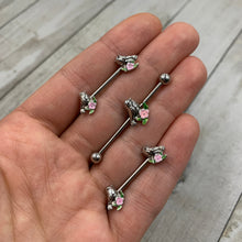 Load image into Gallery viewer, 14G 9/16 Bird Pink Flower Barbell Nipple Ring Set
