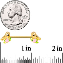 Load image into Gallery viewer, 14G 9/16 Gold Tone Bird Pink Flower Barbell Nipple Ring Set
