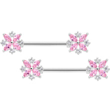 Load image into Gallery viewer, 14G 5/8 Pink CZ Gem Star Burst Barbell Nipple Ring Set
