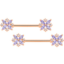 Load image into Gallery viewer, 14G 5/8 Purple CZ Gem Rose Gold Tone Star Burst Nipple Ring Set
