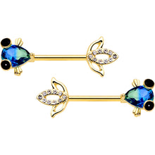 Load image into Gallery viewer, 14G 9/16 Aqua Gem Gold Tone Fish Barbell Nipple Ring Set
