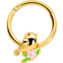 Load image into Gallery viewer, 16G 3/8 Gold Tone Bird Pink Flower Hinged Segment Ring
