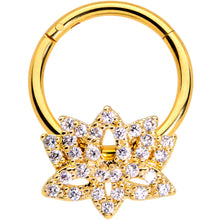 Load image into Gallery viewer, 16G 3/8 Clear CZ Gem Gold Tone Lotus Flower Hinged Segment Ring
