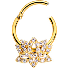 Load image into Gallery viewer, 16G 3/8 Clear CZ Gem Gold Tone Lotus Flower Hinged Segment Ring
