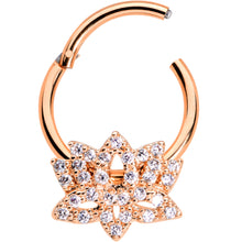 Load image into Gallery viewer, 16G 3/8 Clear CZ Rose Gold Tone Lotus Flower Hinged Segment Ring
