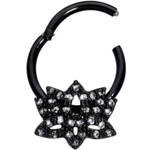 Load image into Gallery viewer, 16G 3/8 Clear CZ Gem Black Lotus Flower Hinged Segment Ring
