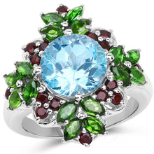 Load image into Gallery viewer, 5.76 Carat Genuine Blue Topaz, Chrome Diopside &amp; Garnet .925 Sterling Silver Ring
