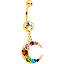 Load image into Gallery viewer, Rainbow Gem Gold Tone Crescent Moon Dangle Belly Ring
