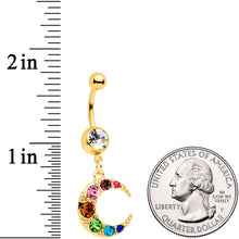 Load image into Gallery viewer, Rainbow Gem Gold Tone Crescent Moon Dangle Belly Ring
