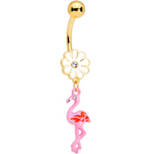 Load image into Gallery viewer, Clear Gem Gold Tone Flower Flamingo Dangle Belly Ring
