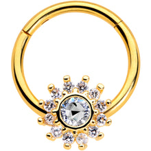 Load image into Gallery viewer, 16G 3/8 Clear Gem Gold Tone Baroque Sun Hinged Segment Ring

