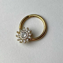 Load image into Gallery viewer, 16G 3/8 Clear Gem Gold Tone Baroque Sun Hinged Segment Ring
