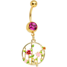 Load image into Gallery viewer, Pink Gem Gold Tone Floral Circle Dangle Belly Ring
