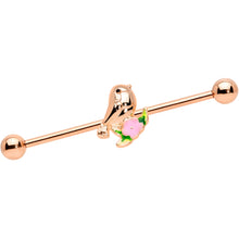 Load image into Gallery viewer, 14G Rose Gold Tone Bird Pink Flower Industrial Barbell 38mm
