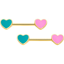 Load image into Gallery viewer, 14G 9/16 Gold Tone Pink Teal Heart Valentines Day Nipple Ring Set

