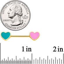 Load image into Gallery viewer, 14G 9/16 Gold Tone Pink Teal Heart Valentines Day Nipple Ring Set
