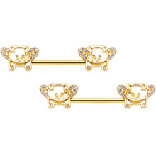 Load image into Gallery viewer, 14G 9/16 Clear Gem Gold Tone Flying Pig Barbell Nipple Ring Set
