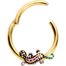 Load image into Gallery viewer, 16G 3/8 Pink Green Gem Gold Tone Lovely Lizard Hinged Segment Ring
