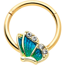 Load image into Gallery viewer, 16G 3/8 Clear Gem Gold Tone Blues Butterfly Hinged Segment Ring
