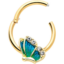 Load image into Gallery viewer, 16G 3/8 Clear Gem Gold Tone Blues Butterfly Hinged Segment Ring
